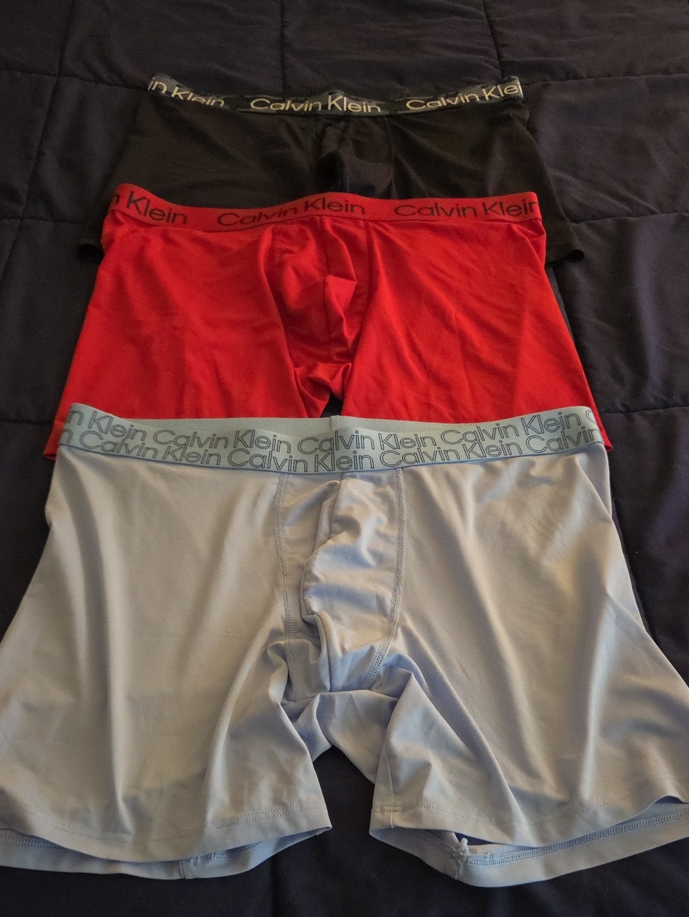 Calvin Klein Boxer Briefs Trio — Navy Blue, Red, Light Blue Dri-fit Material